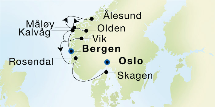Carte de l’itinéraire Seadream 1, Bergen → Oslo