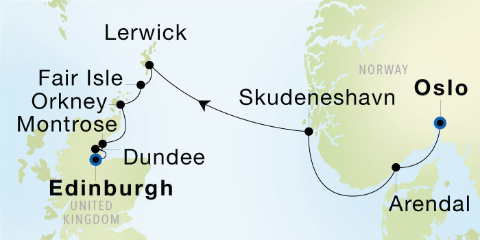 Carte de l’itinéraire Seadream 1, Oslo → Edinburgh (Leith), Écosse