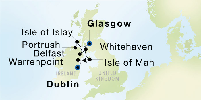 Carte de l’itinéraire Seadream 1, Glasgow (Troon) → Dublin (Dún Laoghaire)