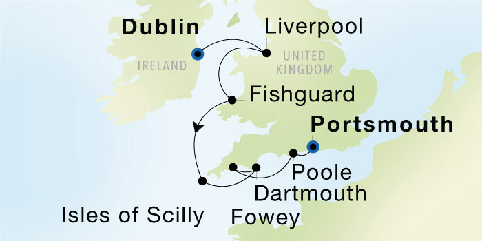 Carte de l’itinéraire Seadream 1, Dublin (Dún Laoghaire) → Portsmouth, Angleterre
