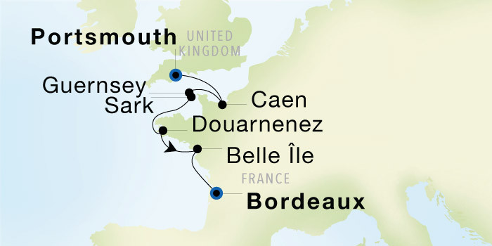 Carte de l’itinéraire Seadream 1, Portsmouth, Angleterre → Bordeaux