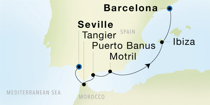 Carte de l’itinéraire Seadream 1, Séville → Barcelone