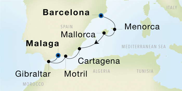Carte de l’itinéraire Seadream 1, Barcelone → Malaga