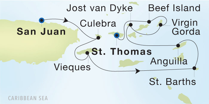Carte de l’itinéraire Seadream 1, San Juan → Charlotte Amalie, St. Thomas