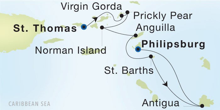 Carte de l’itinéraire Seadream 1, Charlotte Amalie, St. Thomas → Philipsburg