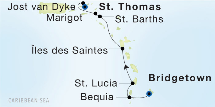 Carte de l’itinéraire Seadream 1, Bridgetown, Barbados → Charlotte Amalie, St. Thomas