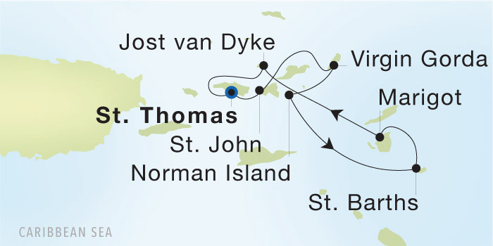 Carte de l’itinéraire Seadream 1, Charlotte Amalie, St. Thomas → Charlotte Amalie, St. Thomas