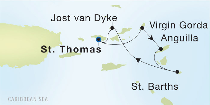 Carte de l’itinéraire Seadream 1, Charlotte Amalie, St. Thomas → Charlotte Amalie, St. Thomas
