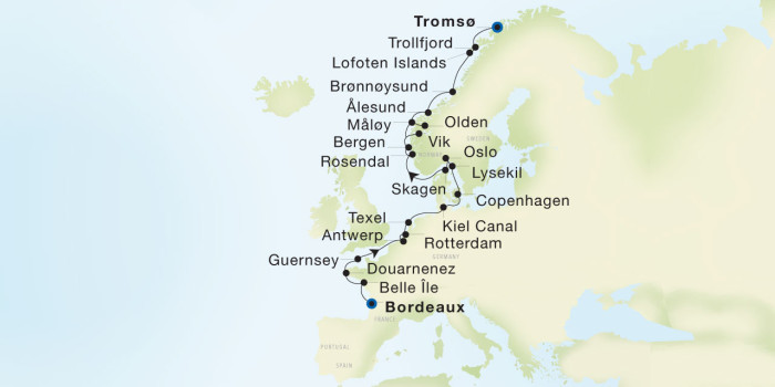 Carte de l’itinéraire Seadream 1, Bordeaux → Tromsø