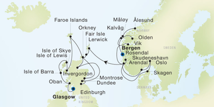 Carte de l’itinéraire Seadream 1, Bergen → Glasgow (Troon)