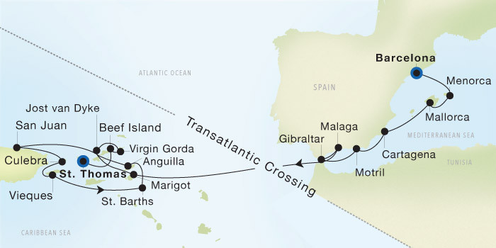 Carte de l’itinéraire Seadream 1, Barcelone → Charlotte Amalie, St. Thomas