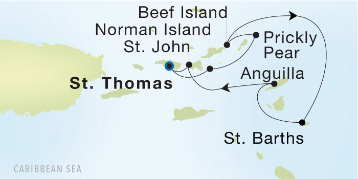 Carte de l’itinéraire Seadream 1, Charlotte Amalie, St. Thomas → Charlotte Amalie, St. Thomas