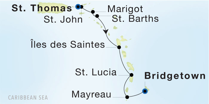 Carte de l’itinéraire Seadream 1, Charlotte Amalie, St. Thomas → Bridgetown, Barbados