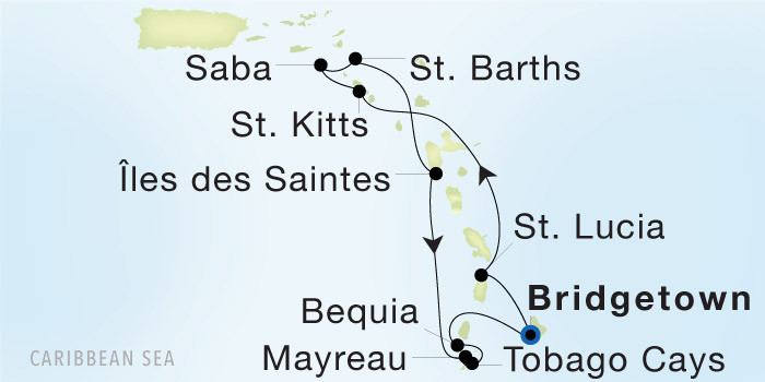 Carte de l’itinéraire Seadream 1, Bridgetown, Barbados → Bridgetown, Barbados
