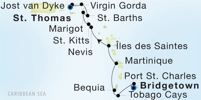 Carte de l’itinéraire Seadream 1, Bridgetown, Barbados → Charlotte Amalie, St. Thomas