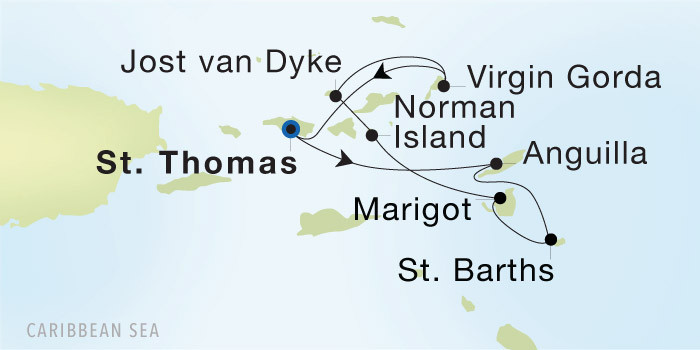 Carte de l’itinéraire Seadream 1, Charlotte Amalie, St. Thomas → Charlotte Amalie, St. Thomas