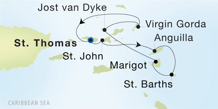 Carte de l’itinéraire Seadream 1, Charlotte Amalie, St. Thomas → Charlotte Amalie, St. Thomas