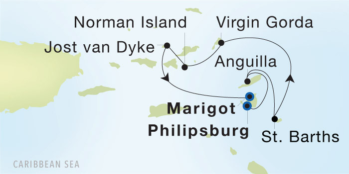 Carte de l’itinéraire Seadream 1, Philipsburg → Marigot