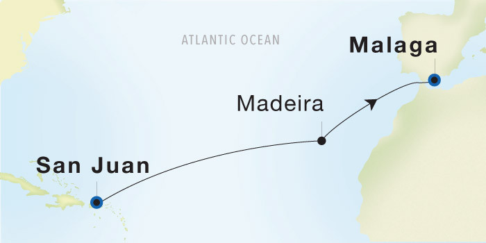 Carte de l’itinéraire Seadream 1, San Juan → Malaga