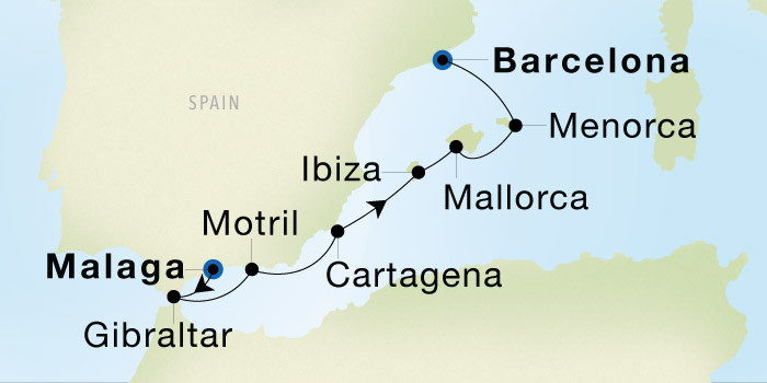 Carte de l’itinéraire Seadream 1, Malaga → Barcelone