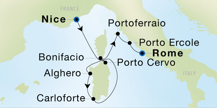 Carte de l’itinéraire Seadream 1, Nice → Rome (Civitavecchia)