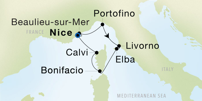 Carte de l’itinéraire Seadream 1, Nice → Nice