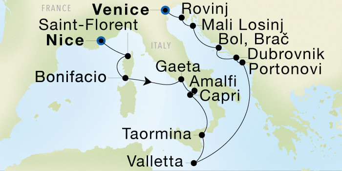 Carte de l’itinéraire Seadream 1, Nice → Venise