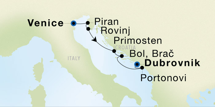 Carte de l’itinéraire Seadream 1, Venise → Dubrovnik