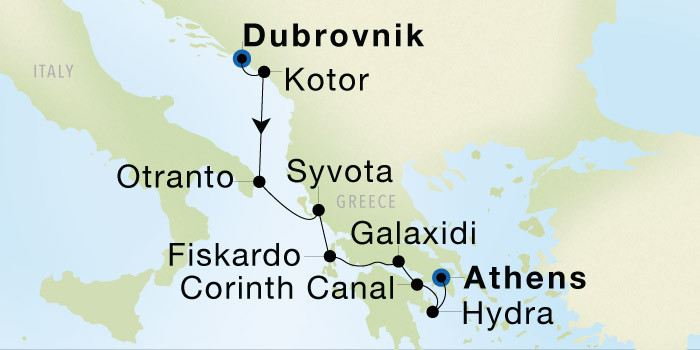Carte de l’itinéraire Seadream 1, Dubrovnik → Athènes (Le Pirée)