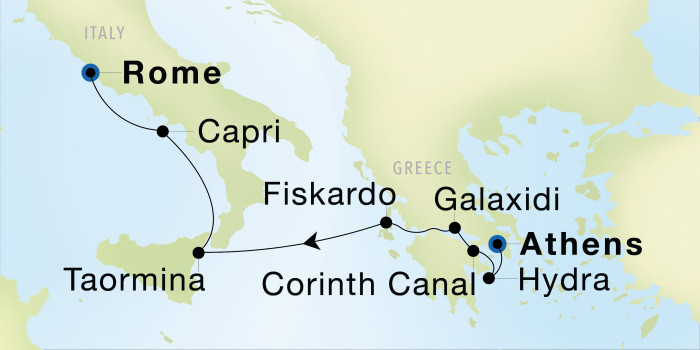 Carte de l’itinéraire Seadream 1, Athènes (Le Pirée) → Rome (Civitavecchia)