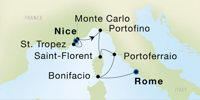 Carte de l’itinéraire Seadream 1, Nice → Rome (Civitavecchia)