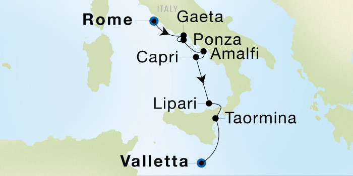 Carte de l’itinéraire Seadream 1, Rome (Civitavecchia) → Valletta
