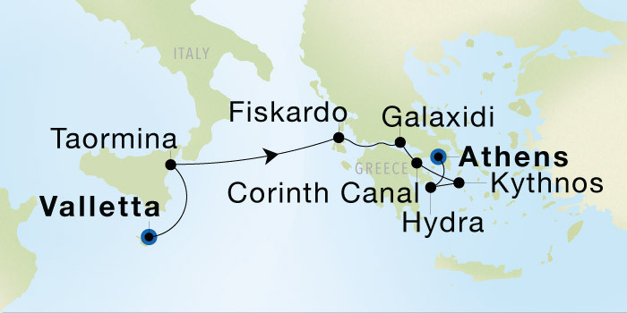 Carte de l’itinéraire Seadream 1, Valletta → Athènes (Le Pirée)