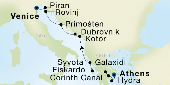 Carte de l’itinéraire Seadream 1, Athènes (Le Pirée) → Venise