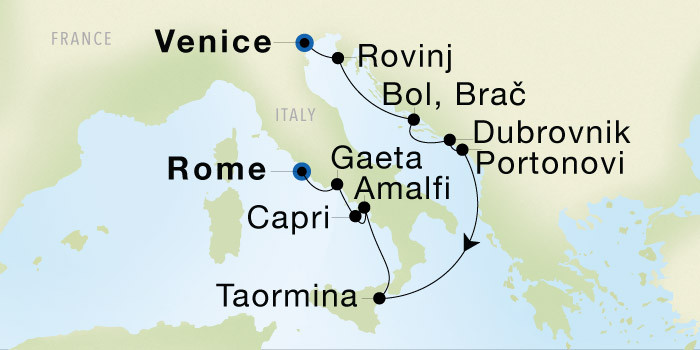 Carte de l’itinéraire Seadream 1, Venise → Rome (Civitavecchia)