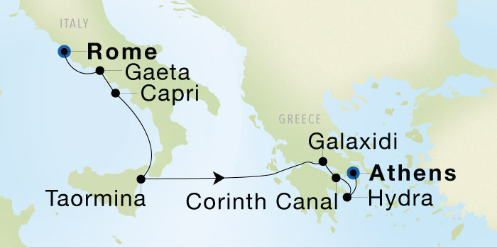 Carte de l’itinéraire Seadream 1, Rome (Civitavecchia) → Athènes (Le Pirée)