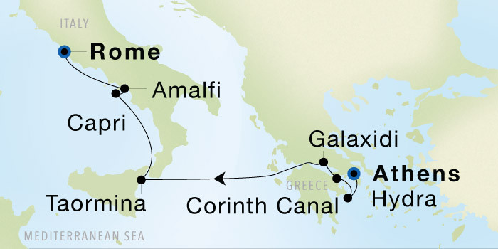 Carte de l’itinéraire Seadream 1, Athènes (Le Pirée) → Rome (Civitavecchia)