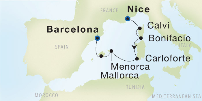 Carte de l’itinéraire Seadream 1, Nice → Barcelone