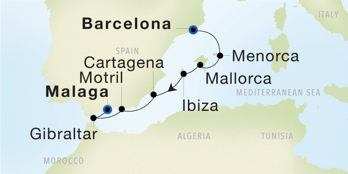Carte de l’itinéraire Seadream 1, Barcelone → Malaga