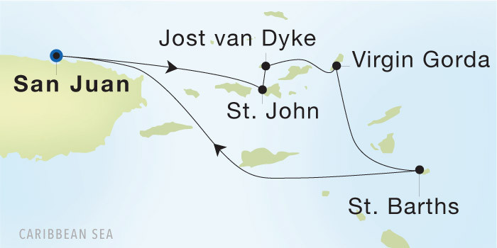 Carte de l’itinéraire Seadream 1, San Juan → San Juan
