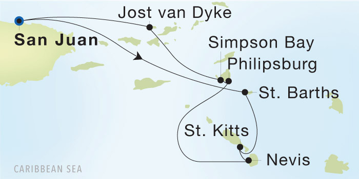 Carte de l’itinéraire Seadream 1, San Juan → San Juan