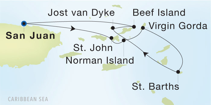 Carte de l’itinéraire Seadream 1, San Juan → San Juan