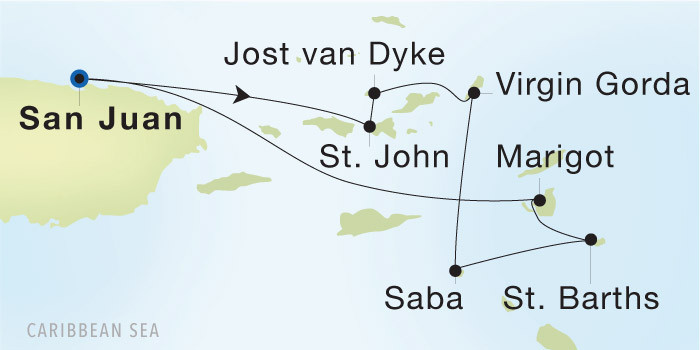 Carte de l’itinéraire Seadream 1, San Juan → San Juan