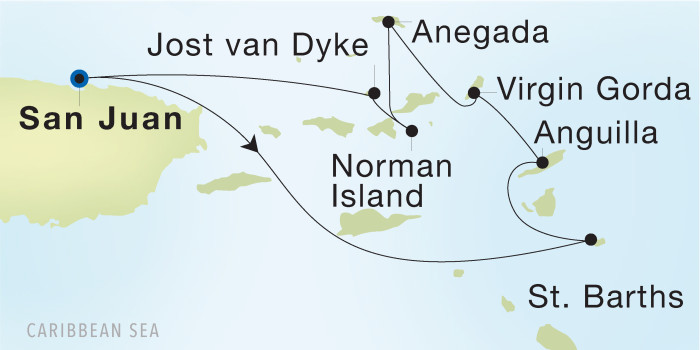 Carte de l’itinéraire Seadream 1, San Juan → San Juan