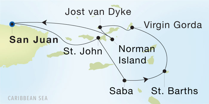 Carte de l’itinéraire Seadream 1, San Juan → San Juan