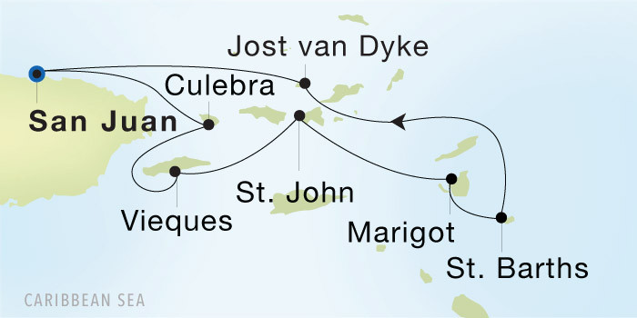 Carte de l’itinéraire Seadream 1, San Juan → San Juan