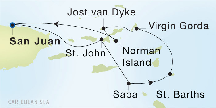 Carte de l’itinéraire Seadream 1, San Juan → San Juan