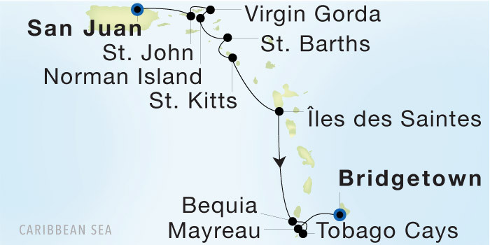 Carte de l’itinéraire Seadream 1, San Juan → Bridgetown, Barbados