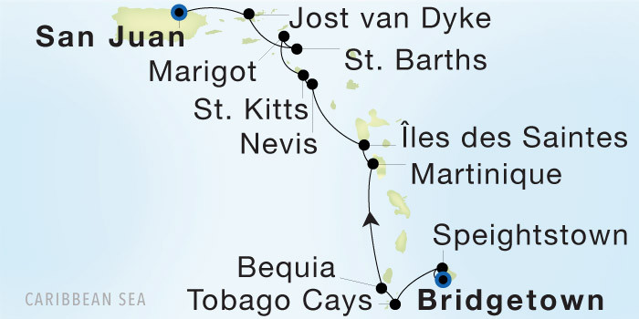 Carte de l’itinéraire Seadream 1, Bridgetown, Barbados → San Juan