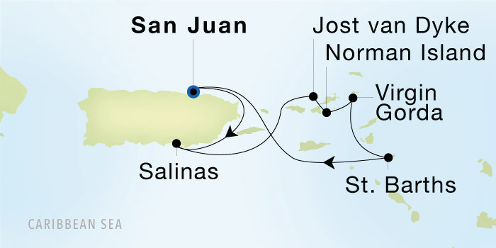 Carte de l’itinéraire Seadream 1, San Juan → San Juan